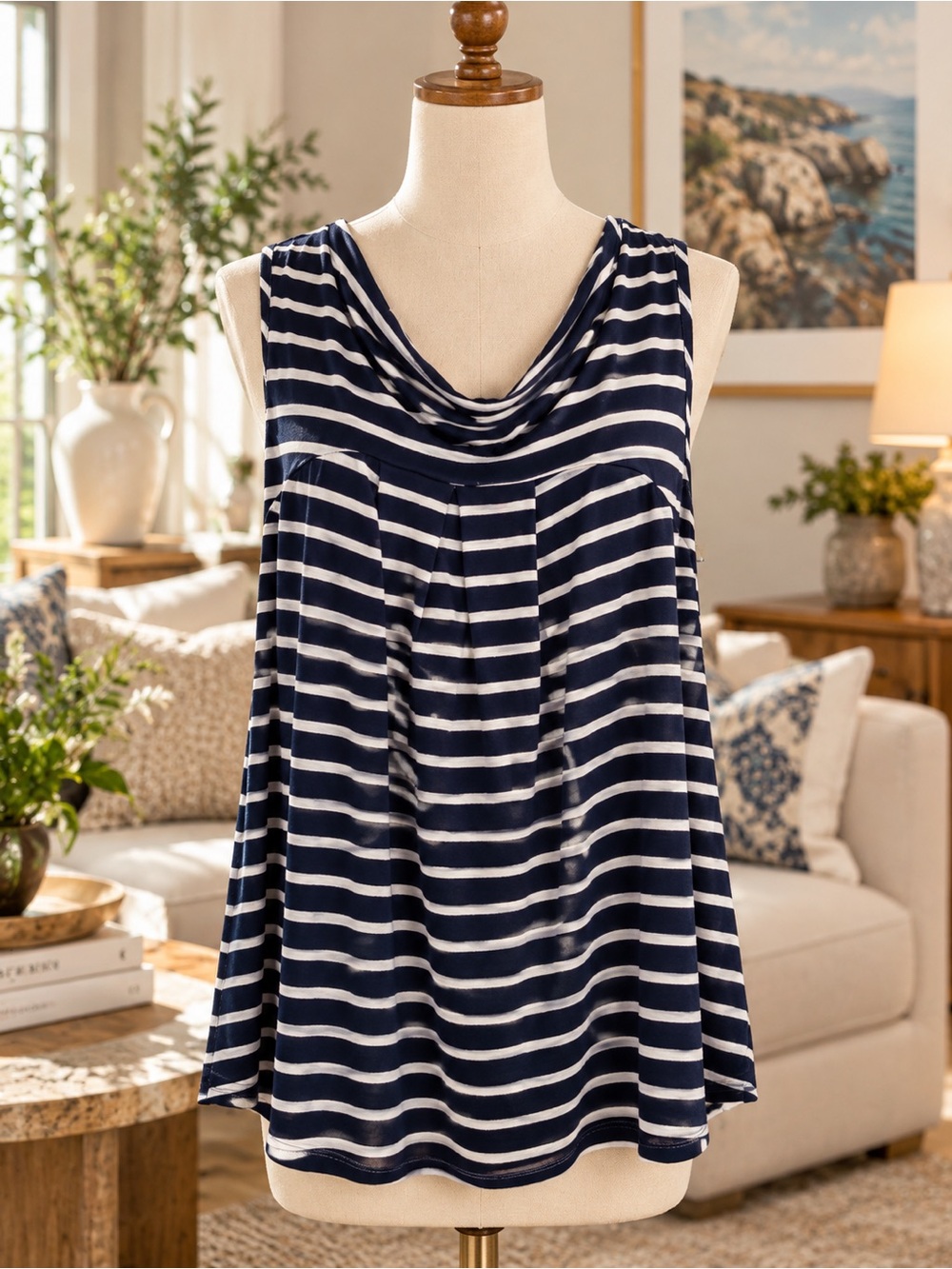 Striped Navy and White Cowl Neck Sleeveless Top